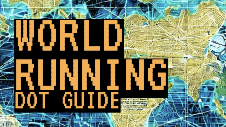 Featured image for World Running . Guide - pixelated orange text over a blue and yellow abstract map.